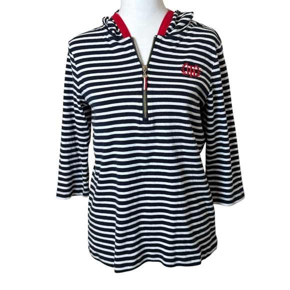 Tommy Hilfiger Quarter Zip Navy White Striped Knit Hoodie Red Embroidery Medium - Picture 1 of 10